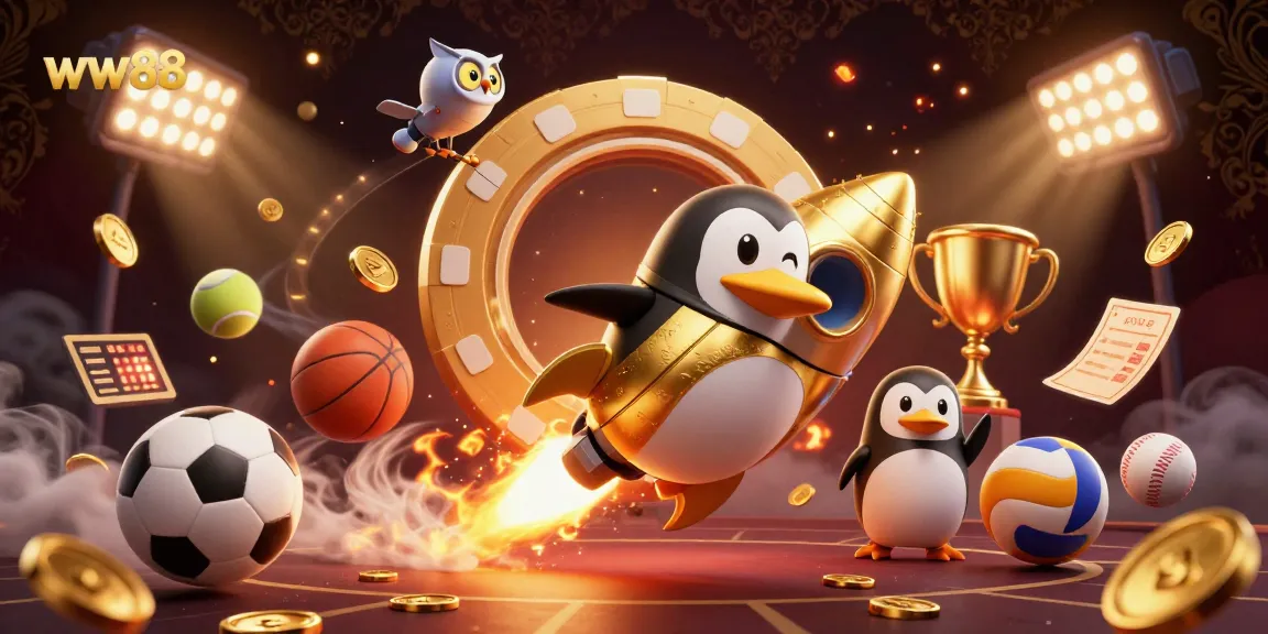 Experience thrilling gambling at ww88 with an exciting 3D casino scene featuring a golden penguin and dynamic sports elements.