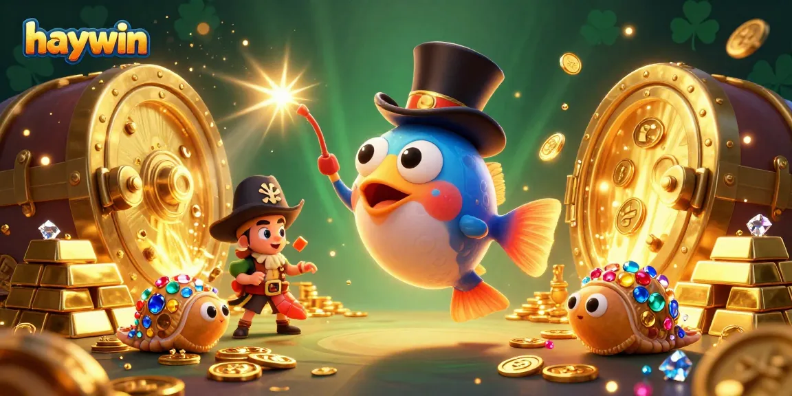 Play slots with haywin in a vibrant 3D illustration of treasure and luck.