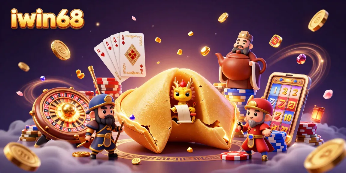 Experience excitement with iwin68 featuring a fortune cookie, dragon, and casino elements.