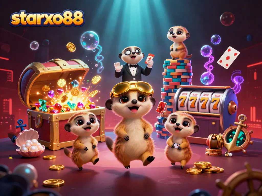 Engage with starxo88’s vibrant casino scene featuring meerkats, slot reels, and underwater treasures!