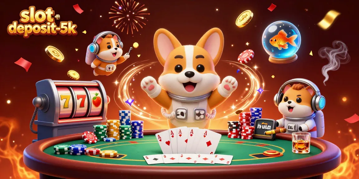 Engage with thrilling adventures on slot-deposit-5k's dynamic casino space scene featuring a floating corgi.
