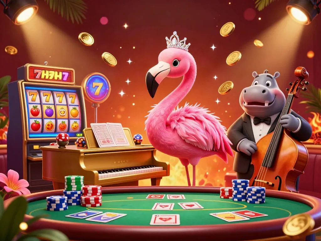 Ilustrasi 3D yang menggambarkan permainan slot gacor terbaru dengan flamingo penyanyi dan hippo bassis dalam suasana kasino.