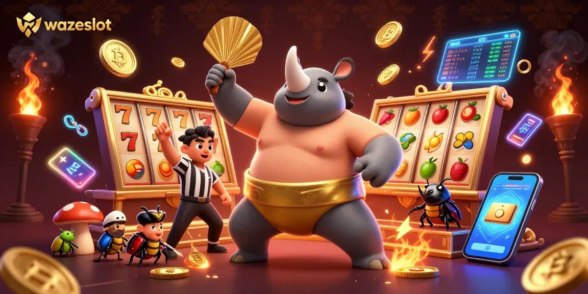 Experience winning at WAZESLOT with a 3D cartoon beetle champion amidst golden coins and rich slot elements.