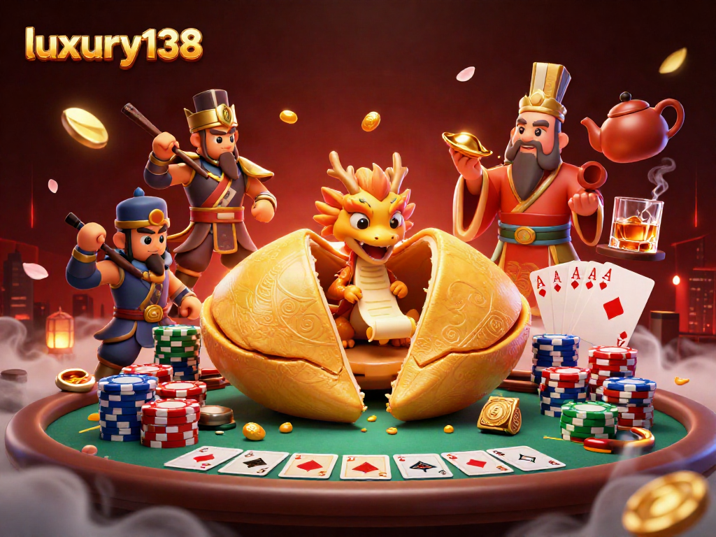 Visualisasi kasino mewah dengan luxury138, kue keberuntungan emas dan karakter unik bercampur dengan simbol perjudian.