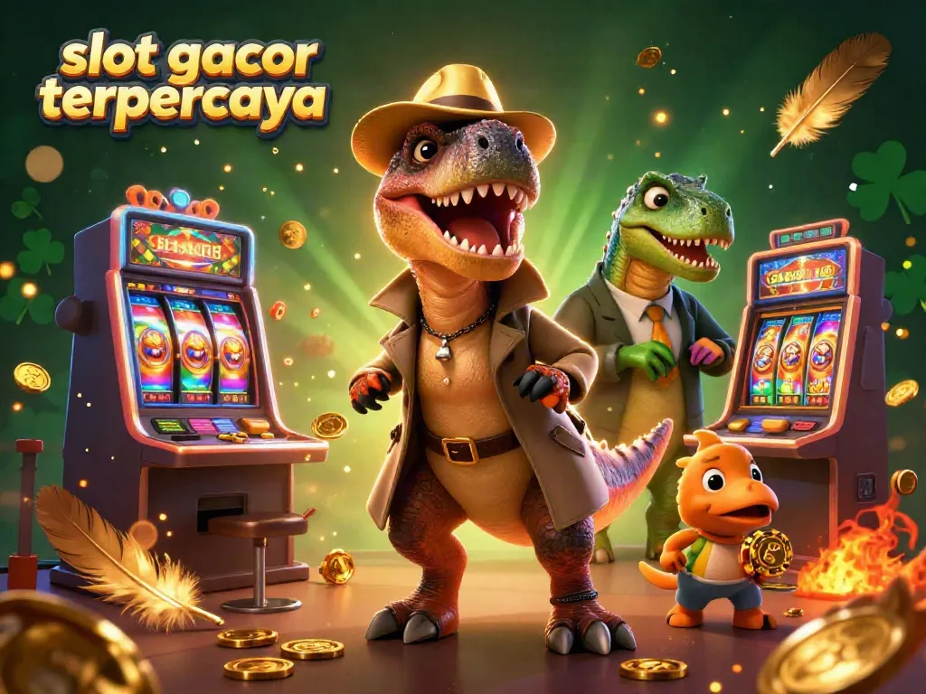 Slot gacor terpercaya: ilustrasi kasino 3D dengan velociraptor bermain mesin slot, stegosaurus sebagai bos, dan kompi mencuri chip.