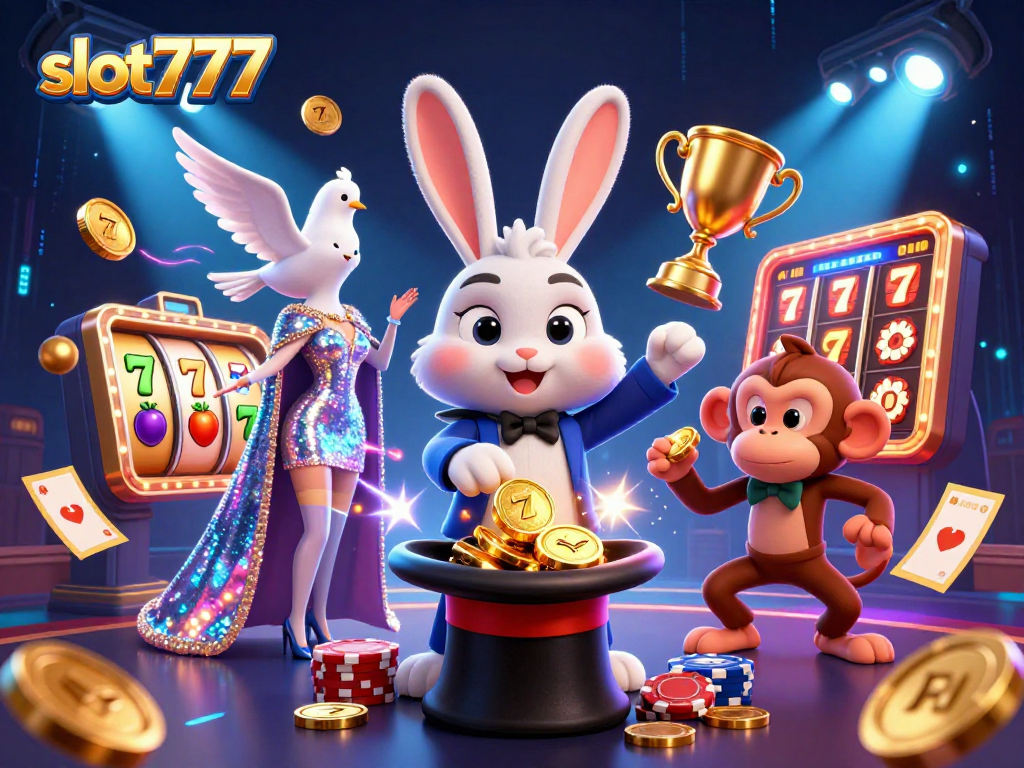 Experience the thrill of slot777 with a vibrant scene of a magician rabbit, dove, and monkey amidst dazzling game elements.