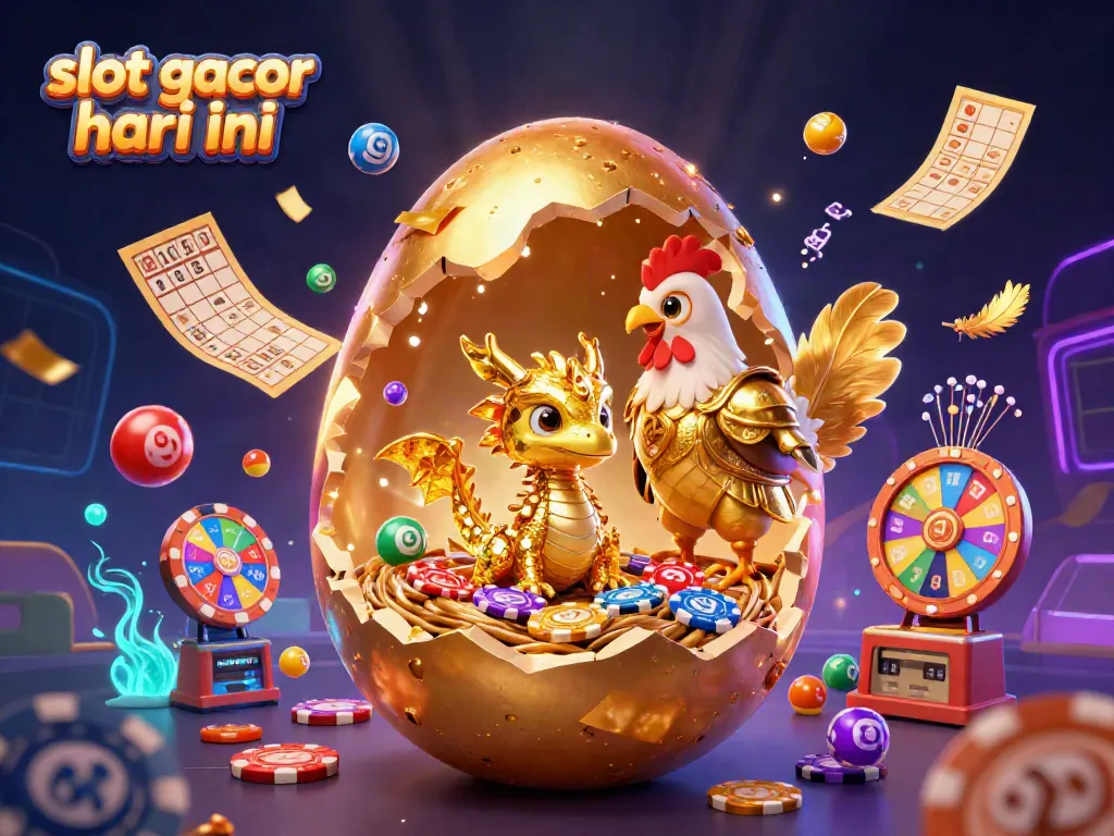 Play exciting slot gacor hari ini with vibrant elements like gold dragons, poker chips, and winning lottery balls.