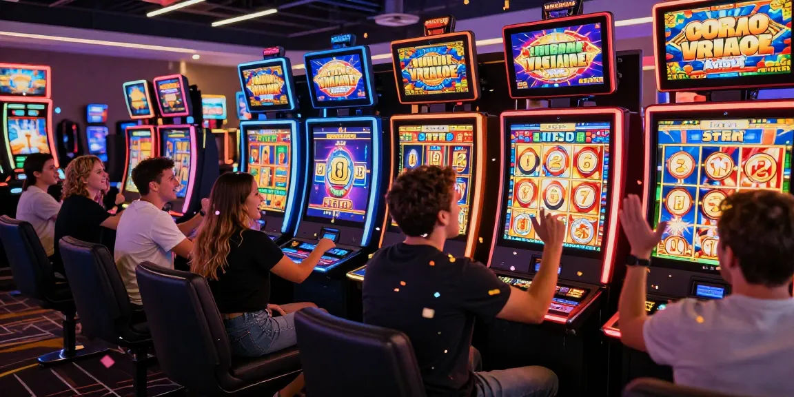 Menampilkan pemain merayakan kemenangan slot jackpot di kasino online yang meriah