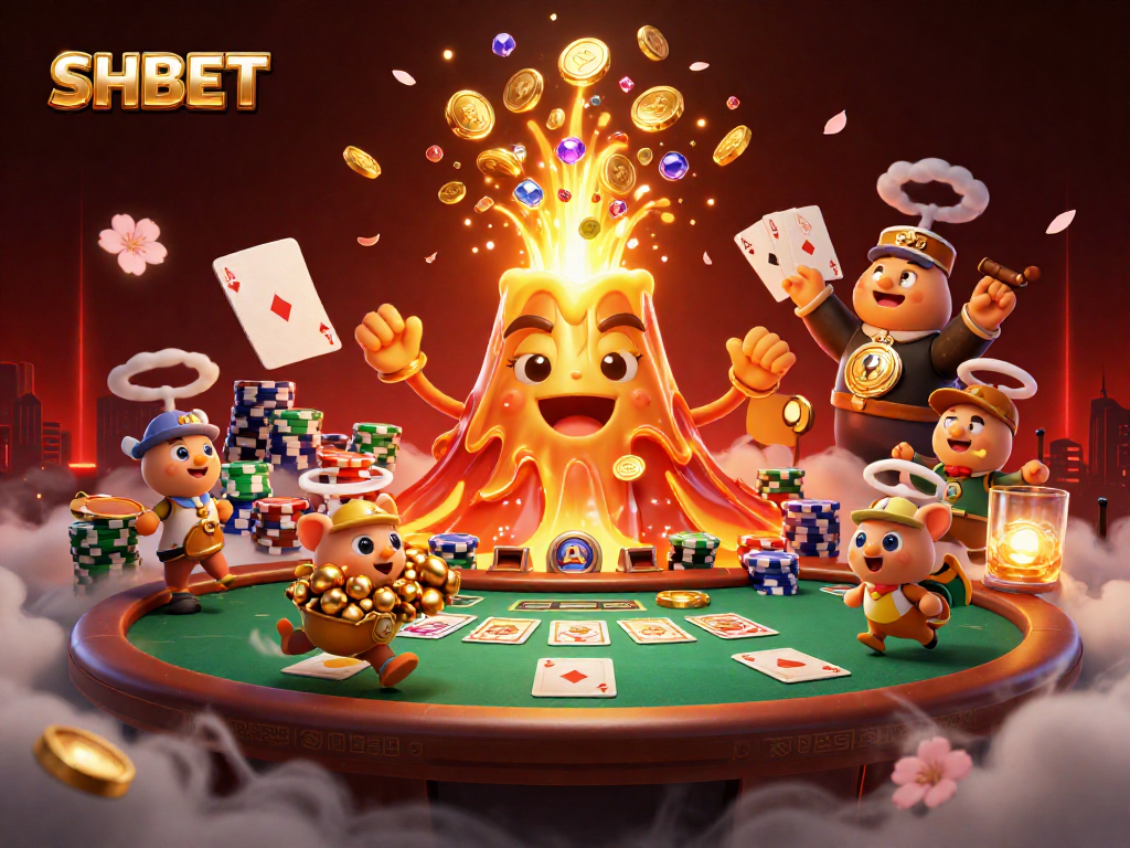 SHBET features a triumphant volcano amidst treasure, poker elements, and dynamic casino action.