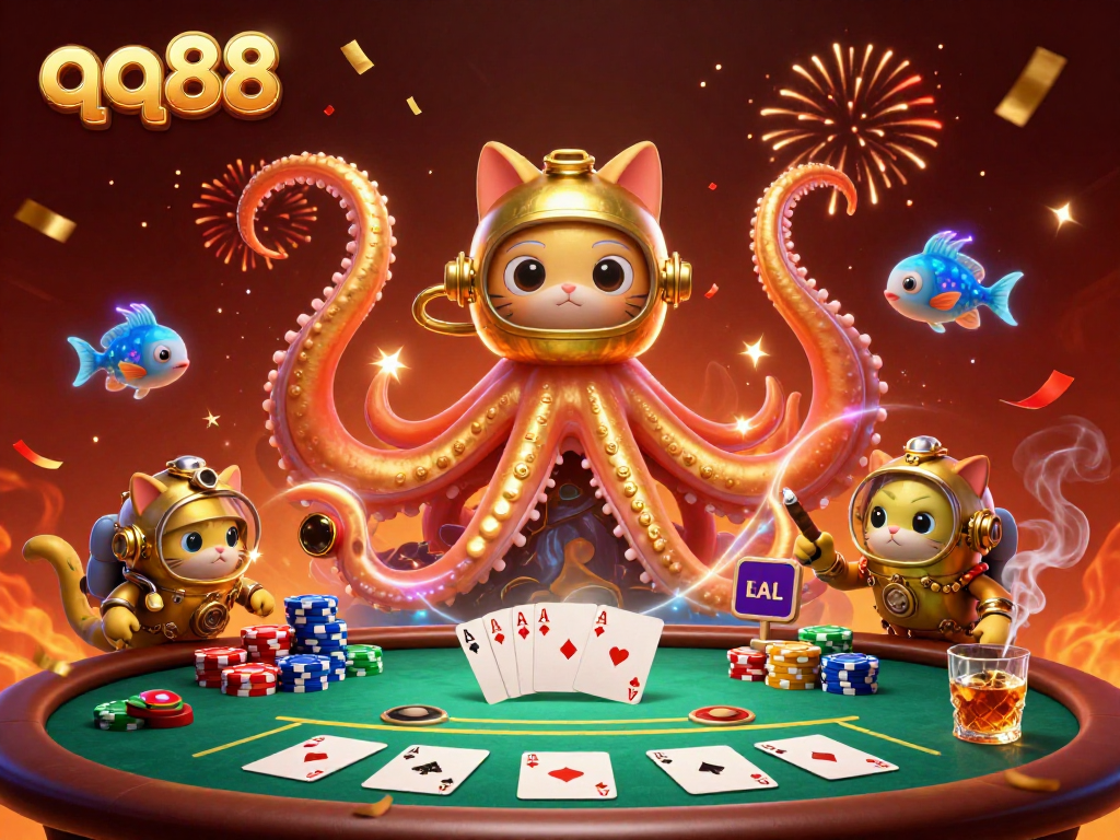Engage in thrilling gaming adventures with qq88 in a vibrant casino scene featuring a 3D kraken and a diving cat.