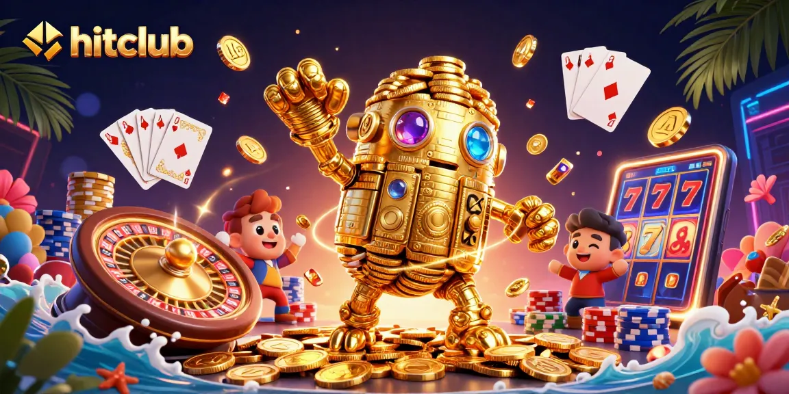 Engage with hitclub through a dynamic scene of casino games, featuring golden golem and vibrant slot machine elements.