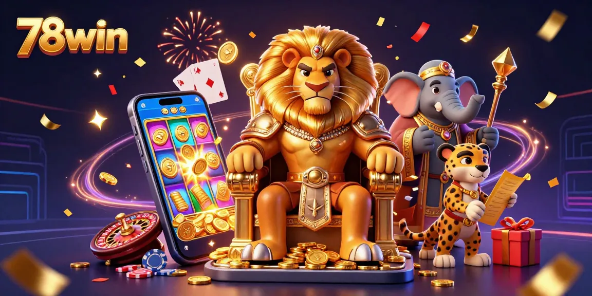 Engage with 78win's fierce lion king on a vibrant 3D casino adventure with thrilling slot games.