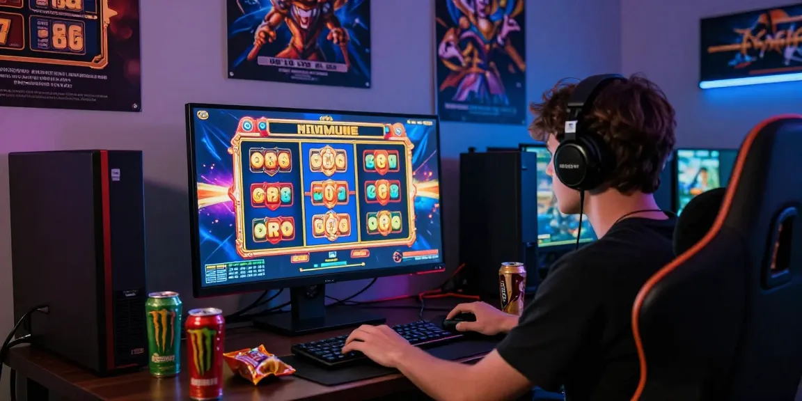 Pemain terlibat dalam permainan slot gacor fujiwin88 dengan antusias, dikelilingi oleh gadget gaming dan suasana yang mendukung.