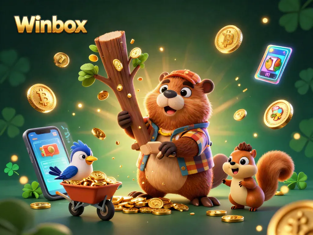 Winbox-themed cartoon illustration showcasing a beaver and friends celebrating wins in a casino environment with floating coins.