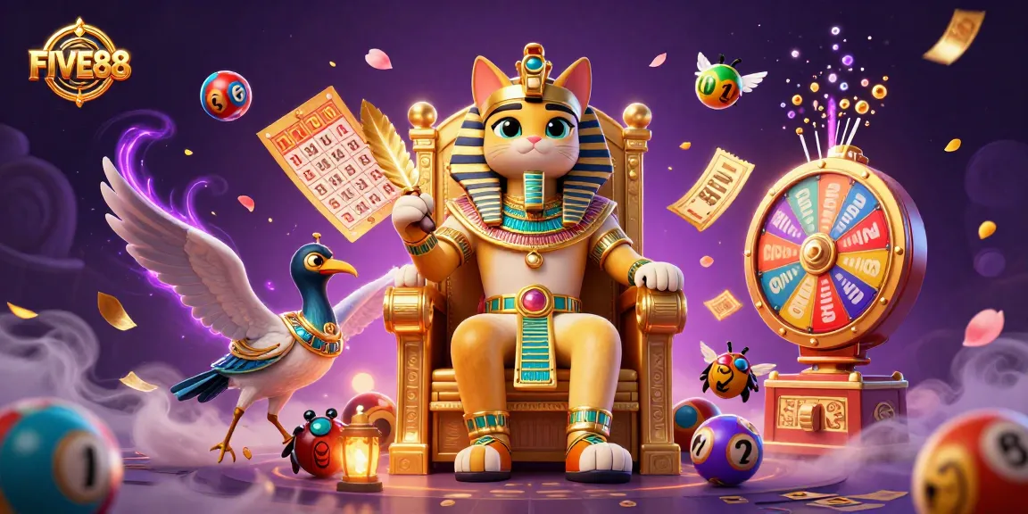Engage in FIVE88 lottery excitement with a vibrant scene of games and joyful elements.