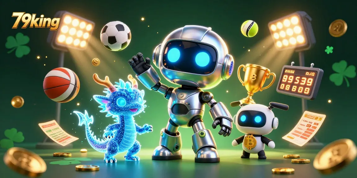 Engaging illustration of 79king with a cyberpunk robot, AI dragon, and drone for sports betting excitement.