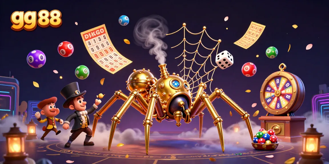 Engage in thrilling games at gg 88, where a steampunk spider captures dice amidst vibrant lottery elements.