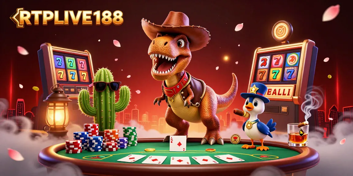 Ikuti pengalaman mendebarkan di RTPLIVE188 dengan pemandangan cerah yang menampilkan dinosaurus koboi dan elemen kasino.