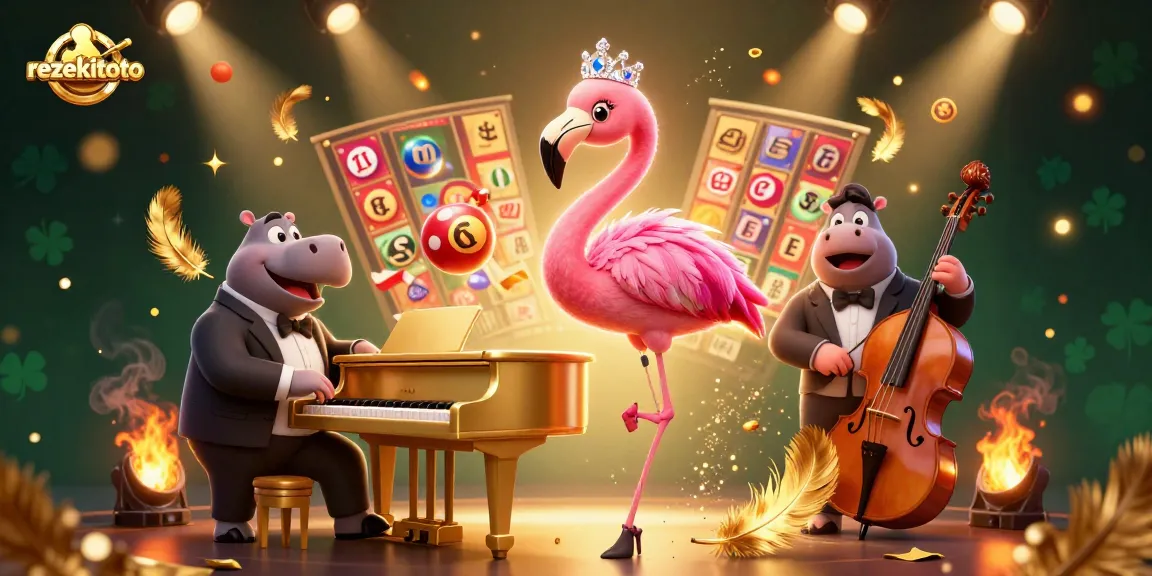 Engage with rezekitoto as a dynamic lottery-themed illustration featuring a lively flamingo singer and hippo bassist.