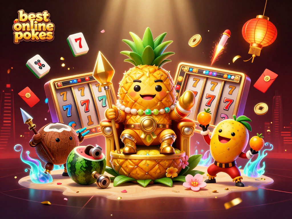 Play the best online pokies amidst a vibrant scene with a golden pineapple king and dynamic casino elements.
