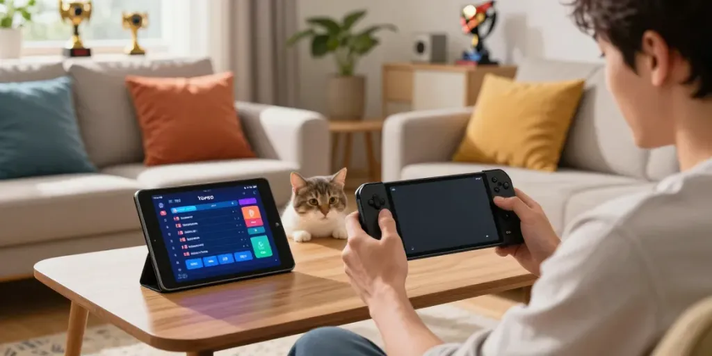 Engaging scene of an adult playing yono games on a smartphone with a cozy living room setting, showcasing excitement and warmth.