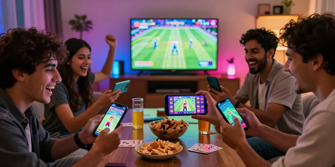 Friends enjoying a lively game session on the 3patti loot apk in a vibrant living room.
