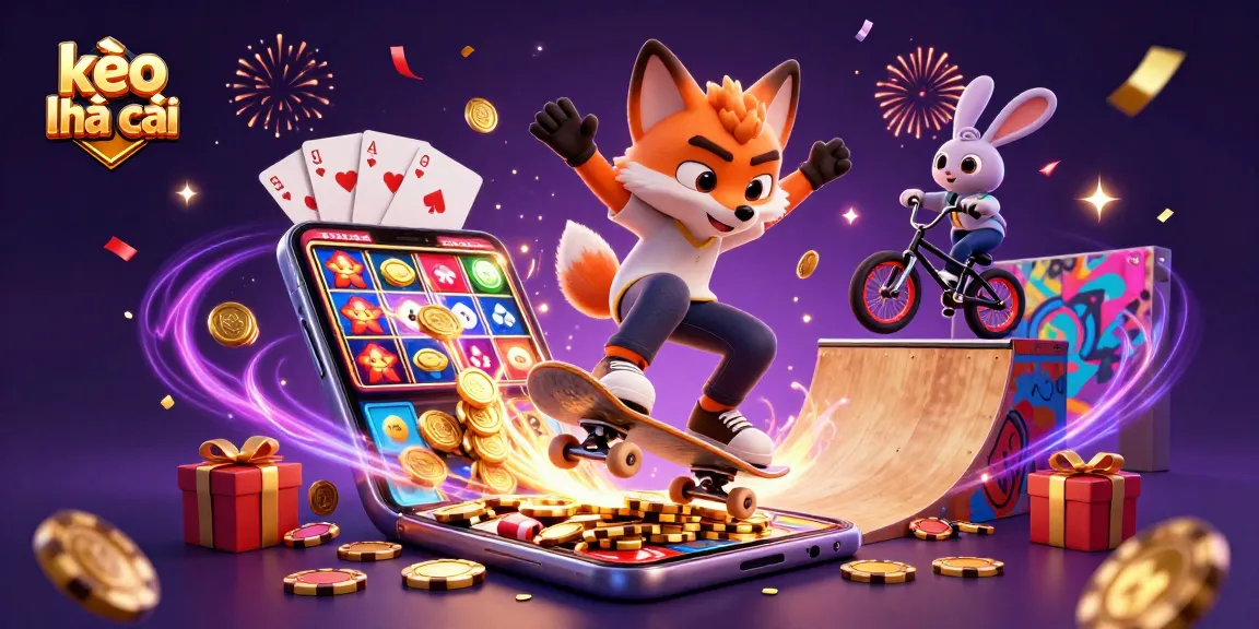 Experience kèo nhà cái thrills with a 3D illustration featuring a skateboarder fox, BMX rabbit, and casino symbols in a dynamic scene.