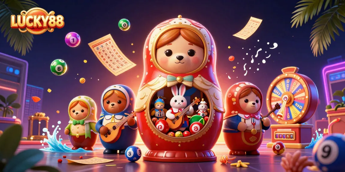 Engage with LUCKY88’s vibrant 3D cartoon casino scene filled with fun characters and dynamic lottery elements.