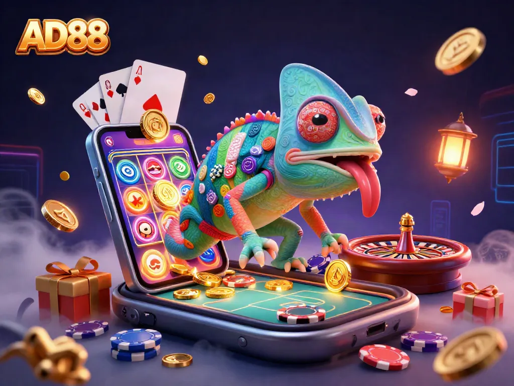 Engage with AD88's vibrant casino scene featuring a chameleon snapping up coins while games spin
