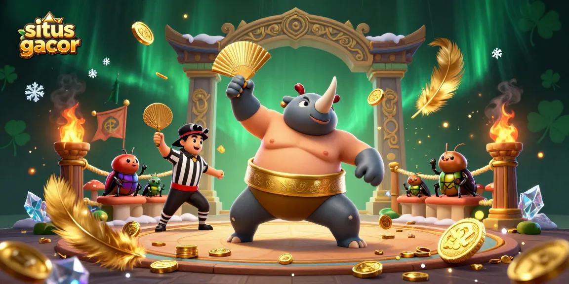 Menyaksikan situs gacor saat 3D kartun badak rinoceros sumo mengeluarkan koin emas di arena pertarungan.