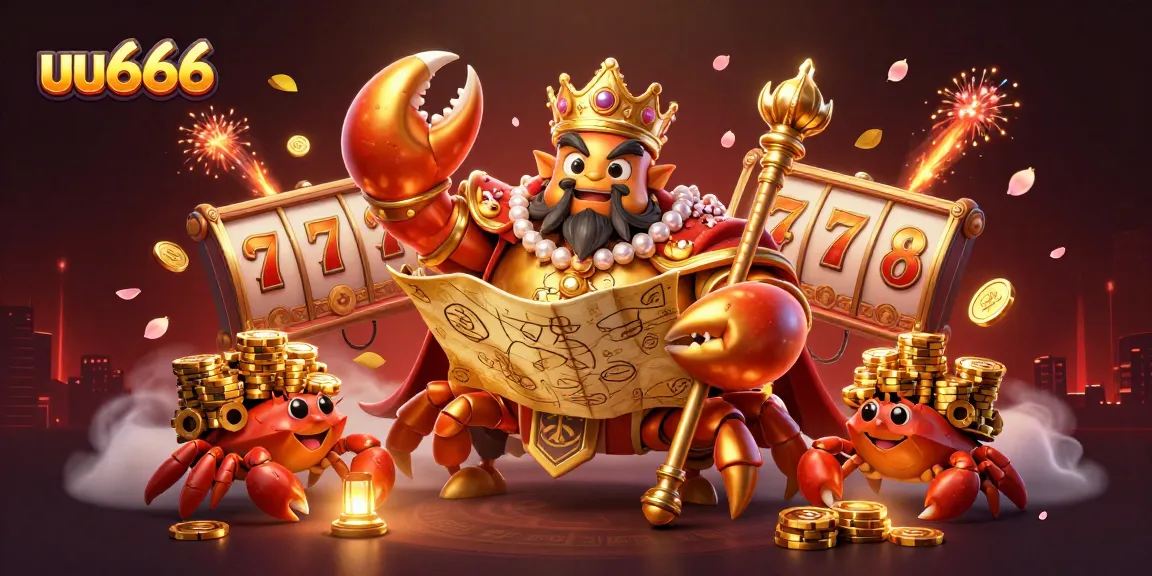 Experience the exciting world of uu666 slots with a vibrant, golden crab emperor and treasure-filled scene.