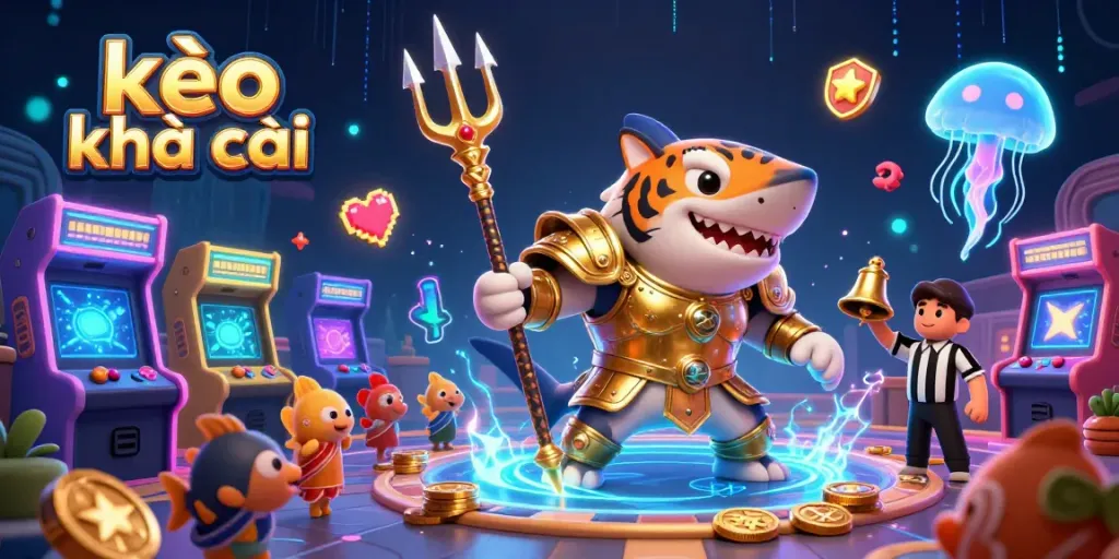 Bet on exciting moments with kèo nhà cái using a tiger shark gladiator in a vibrant underwater setting.