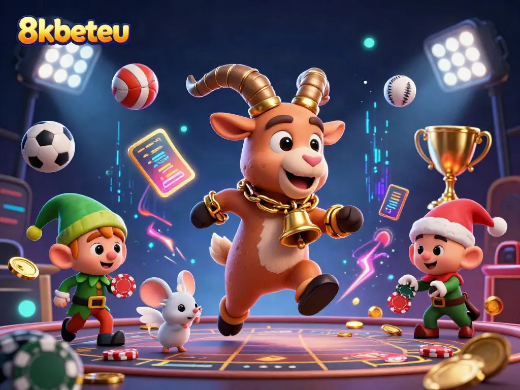 Experience the excitement of 8kbeteu with a festive casino scene featuring a Krampus goat, angel mouse, and mischievous elves.