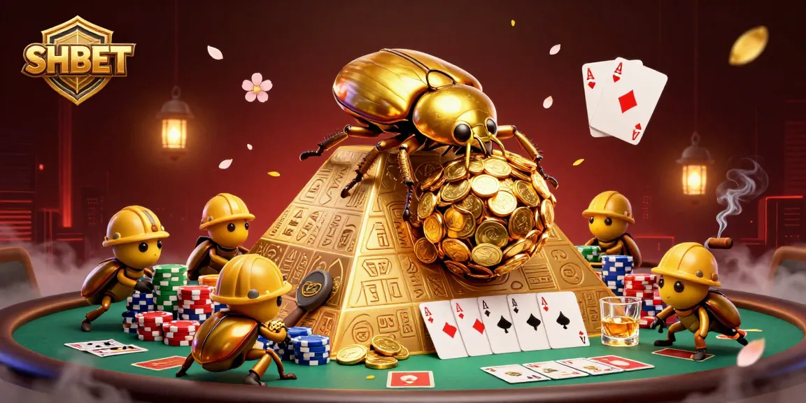 SHBET showcases a golden dung beetle amidst a rich casino scene, illustrating dynamic gaming energy.