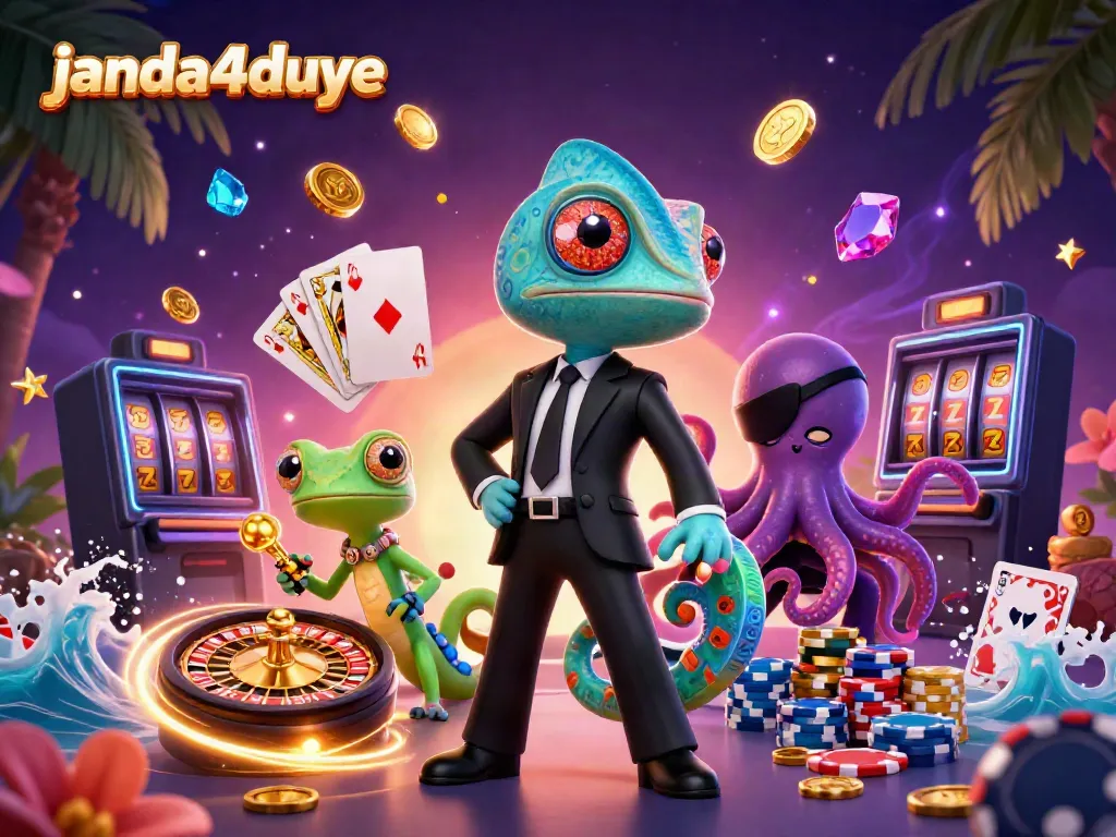 Mainkan janda4duye dengan penuh semangat saat beruntung di kasino online, dikelilingi koin emas dan permata berkilau.