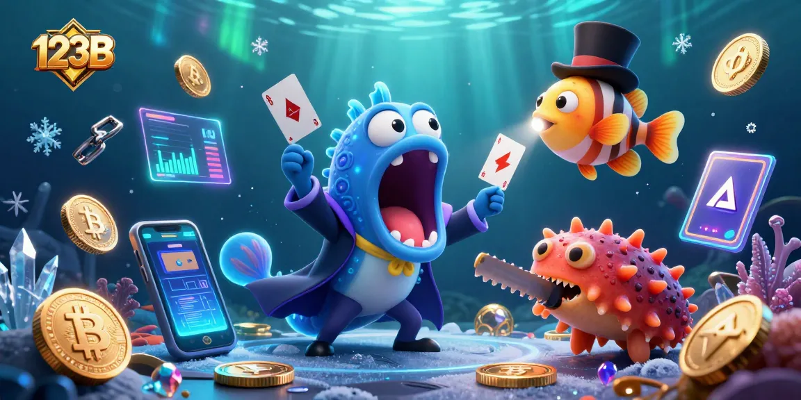 Experience thrilling action at 123B with bioluminescent characters and crypto elements in a vibrant casino setting.