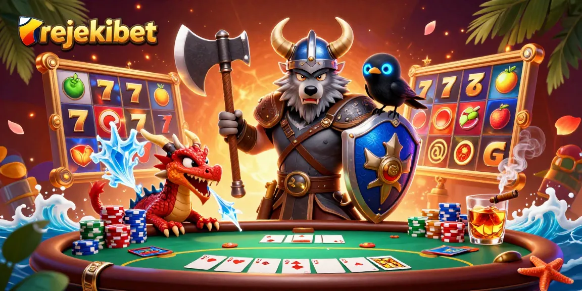 Experience rejekibet with a thrilling scene featuring a Viking wolf warrior, dragon, and poker elements in a vibrant casino atmosphere.