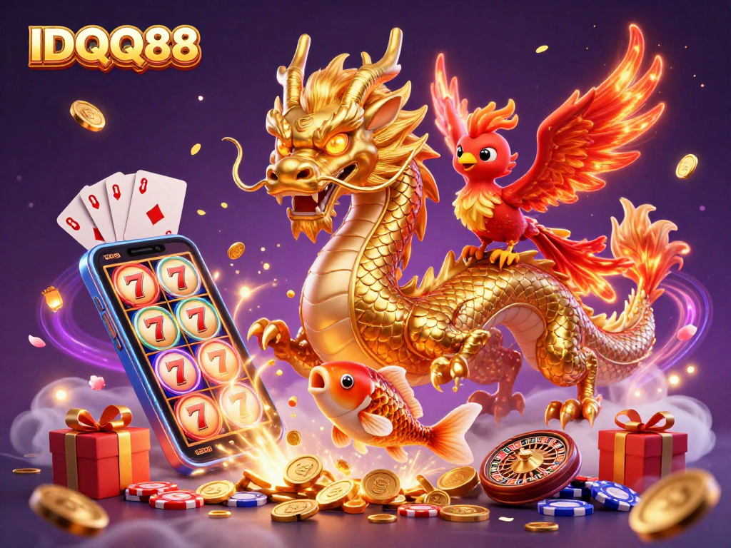 Experience the thrill with IDQQ88's vibrant 3D casino illustration showcasing fortune and excitement