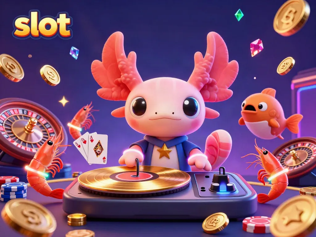 Axolotl DJ and friends celebrate with dynamic slot and casino symbols in a vibrant 3D scene.
