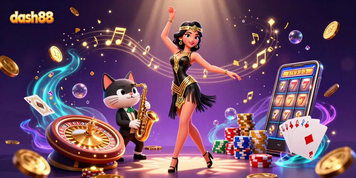 Experience the excitement at dash88 with a vibrant 3D casino illustration showcasing spinning slot reels and colorful chips.