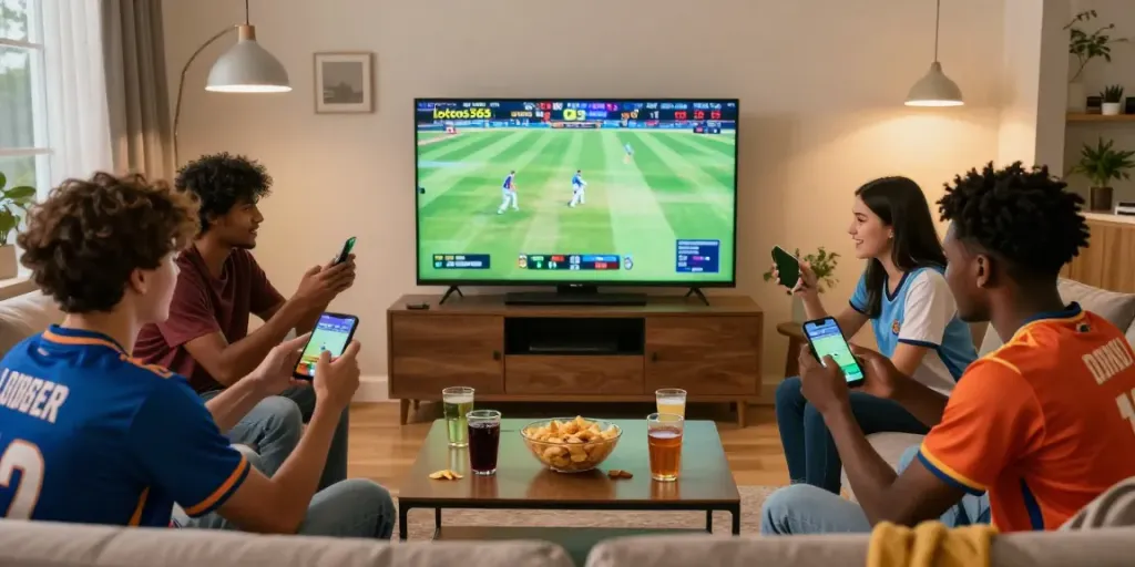 Excited friends enjoying cricket and betting on lotus365 in a lively living room.