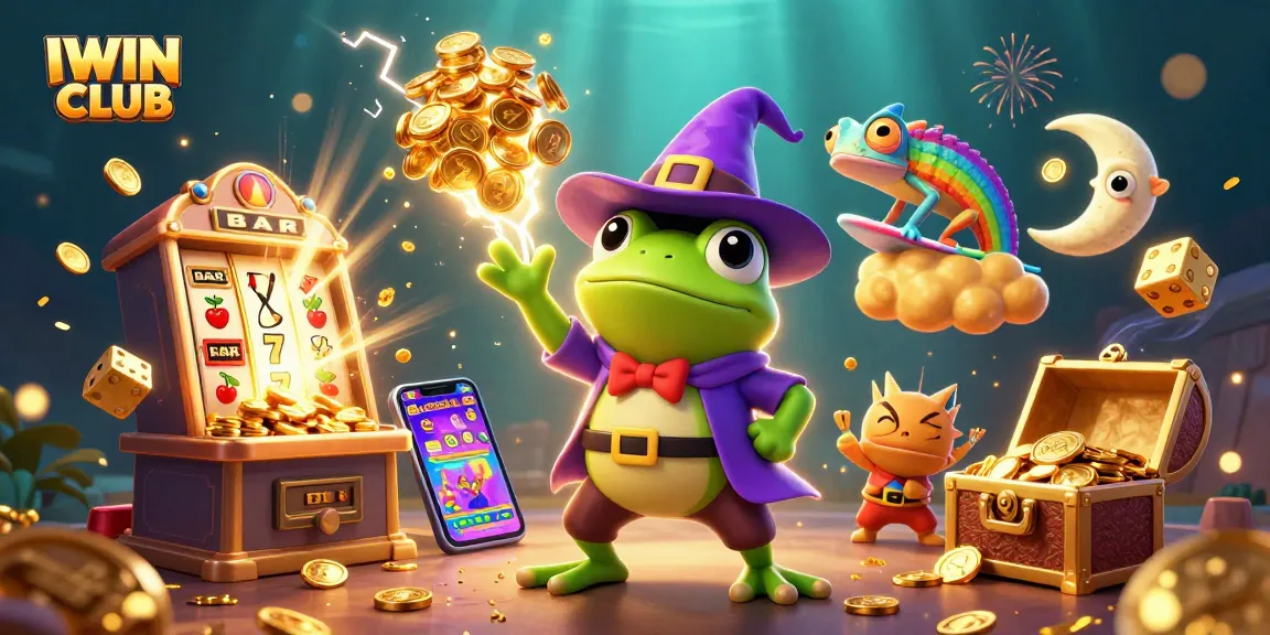 IWIN CLUB showcases an exciting 3D casino scene with a wizard frog and chameleon amidst golden coins and a jackpot.