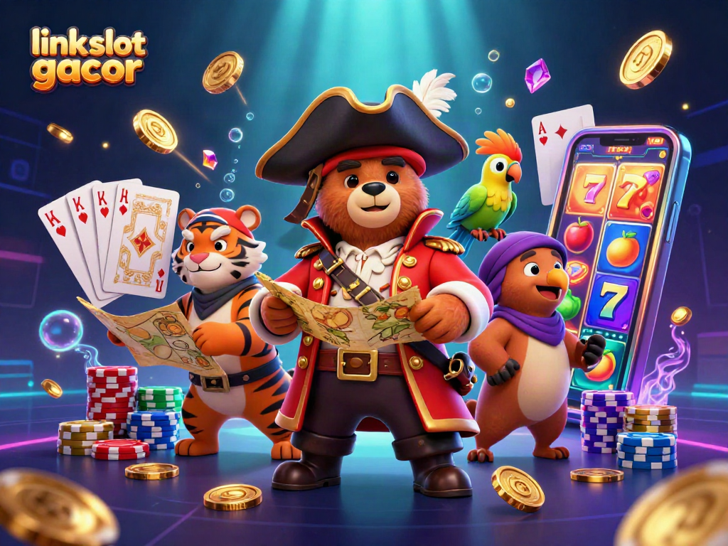 Experience the excitement of link slot gacor with a vivid 3D casino scene featuring a pirate bear, tiger, and treasure elements.