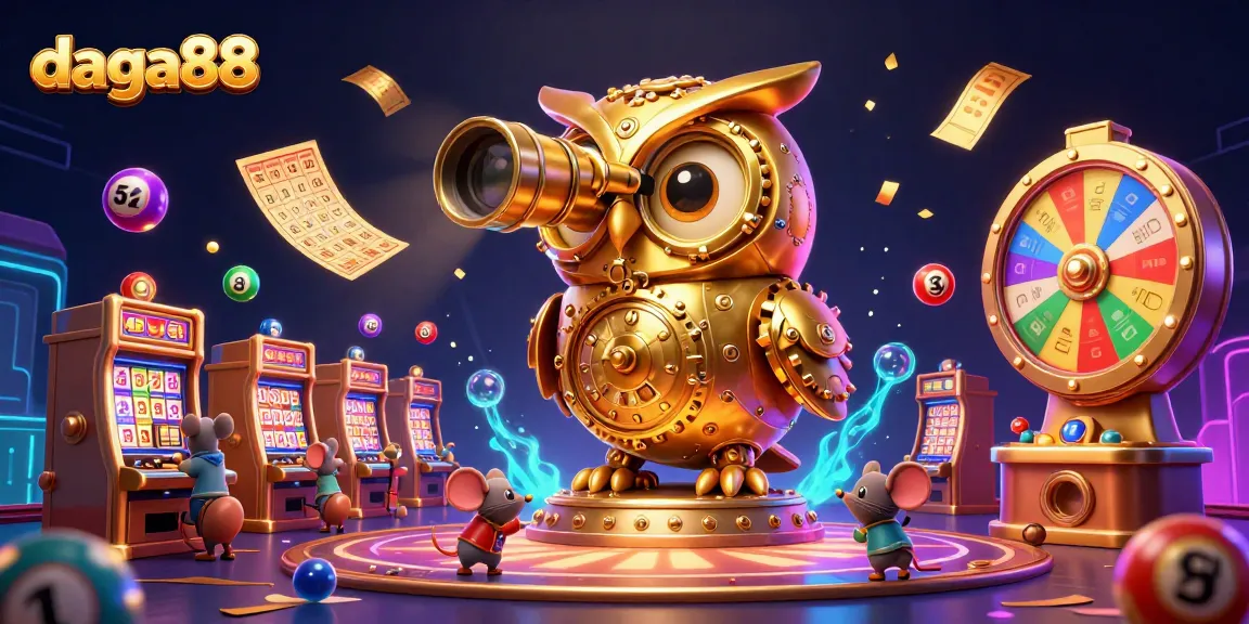Experience thrilling gameplay at daga88 with a lively casino scene featuring a golden owl and enchanted lottery balls.