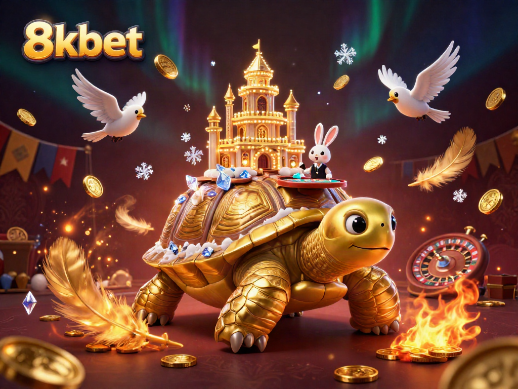 Experience thrilling gameplay at 8xbet with a vibrant casino scene featuring a tortoise palace and a rabbit dealer.