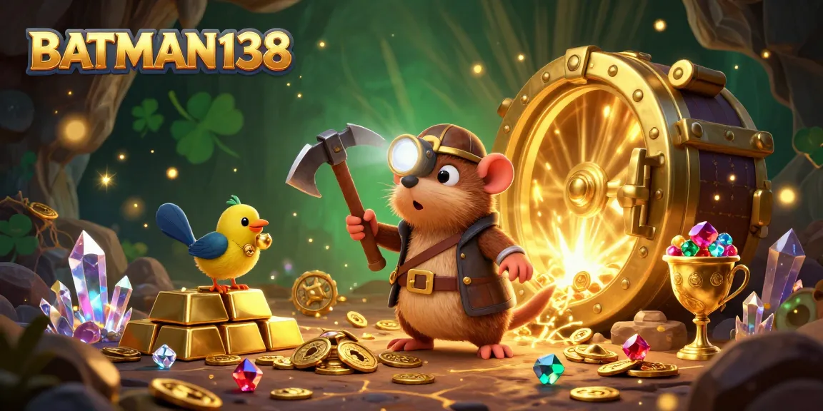 Experience the thrilling adventure of BATMAN138 with a treasure hunter mole and dazzling gems in a vibrant casino scene.