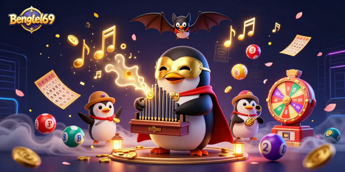 Bengkel69 showcases an engaging casino scene with cartoon penguins and dynamic lottery elements capturing the thrill of gaming.