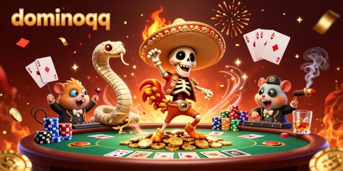 Experience massive wins with dominoqq while a skeleton mariachi dances amid poker chips and confetti.