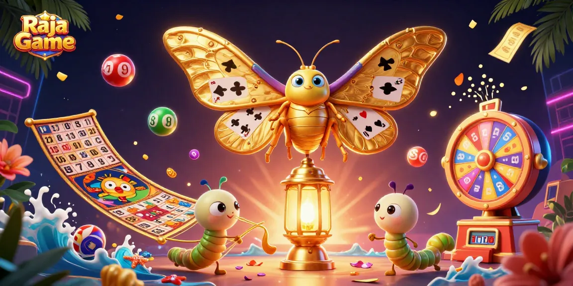 Engage with Raja Game through thrilling lottery balls, golden tickets, and a captivating casino illustration.