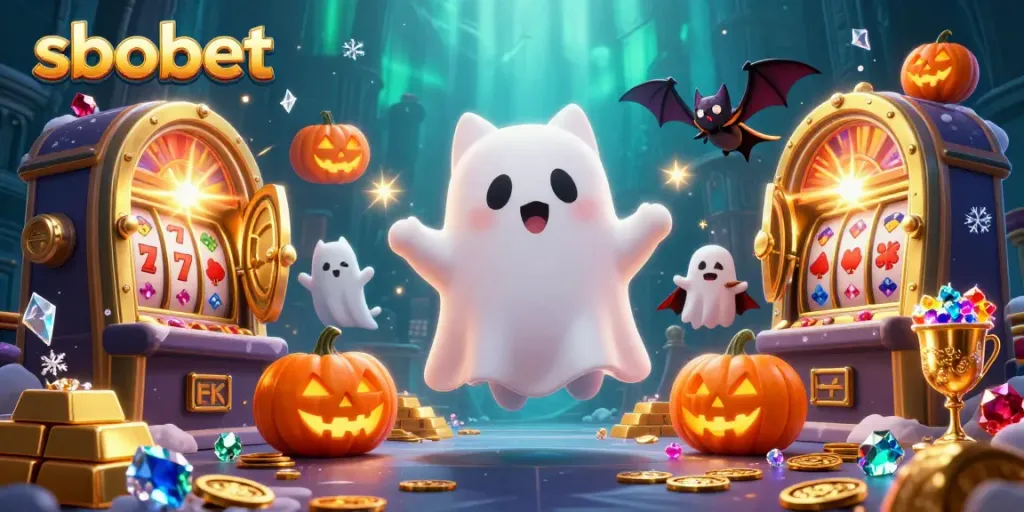 Engage in fun with sbobet in this vibrant haunted casino illustration.